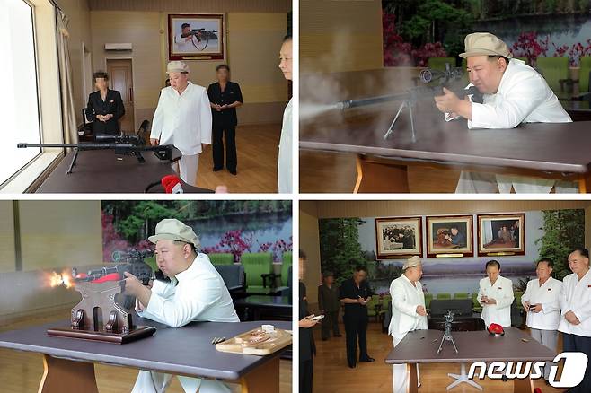 (평양 노동신문=뉴스1) = 김정은 북한 노동당 총비서가 지난 3~5일 대구경방사포탄 생산 공장을 비롯한 중요군수공장을 현지 지도하는 모습. 김 총비서가 '저격무기'들을 살펴보며 직접 쏴보고 있다. [국내에서만 사용가능. 재배포 금지. DB 금지. For Use Only in the Republic of Korea. Redistribution Prohibited] rodongphoto@news1.kr