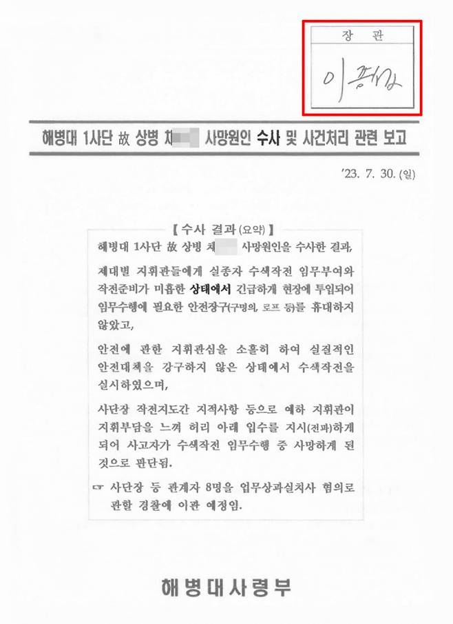 서명해 놓고… 채모 상병 순직 사건을 수사하던 전 해병대 수사단장 박정훈 대령의 변호인이 16일 이종섭 국방부 장관이 결재(빨간 네모 선)한 ‘고(故) 채 상병 사망원인 수사 및 사건처리 관련 보고’ 표지를 공개했다. 박 대령 측 제공