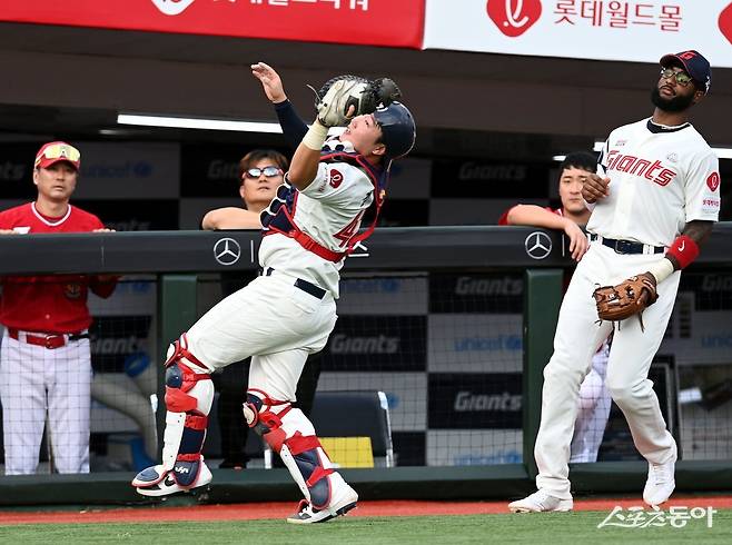 15일 부산 사직야구장에서 ‘2023 신한은행 SOL KBO리그‘ 롯데 자이언츠와 SSG 랜더스 경기가 열렸다. 4회초 무사 1루에서 롯데 정보근이 파울타구를 잡아내고 있다. 사직 | 김민성 기자 marineboy@donga.com