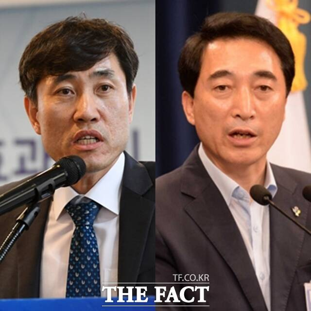 하태경 국민의힘 의원(왼쪽)은 17일 박수현 전 청와대 국민소통수석(오른쪽)을 겨냥해 "더 이상 국민을 우롱하지 말라"고 직격했다. /남용희 기자, 뉴시스