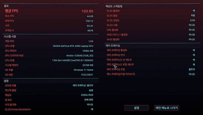 ‘사이버펑크 2077’에서 DLSS를 활성화하면 높은 그래픽 품질에서도 초당 평균 100 프레임 이상을 기대할 수 있다 / 출처=IT동아