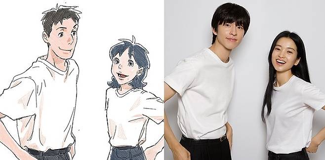 "Lost in Starlight" animation characters Jay and Nan-young, and voice actors Hong Kyung and Kim Tae-ri (Netflix)