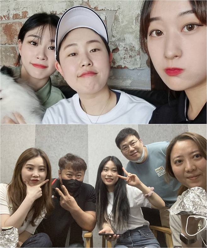 (사진 위)휴온스 팀 여자 선수들과 한 컷(왼쪽부터 전애린, 김세연, 장가연 선수). (사진 아래)쿤캐롬클럽 식구들과 함께(왼쪽부터 강유진, 구민수, 전애린, 김군호, 오소연 선수) ⓒ전애린 선수 제공