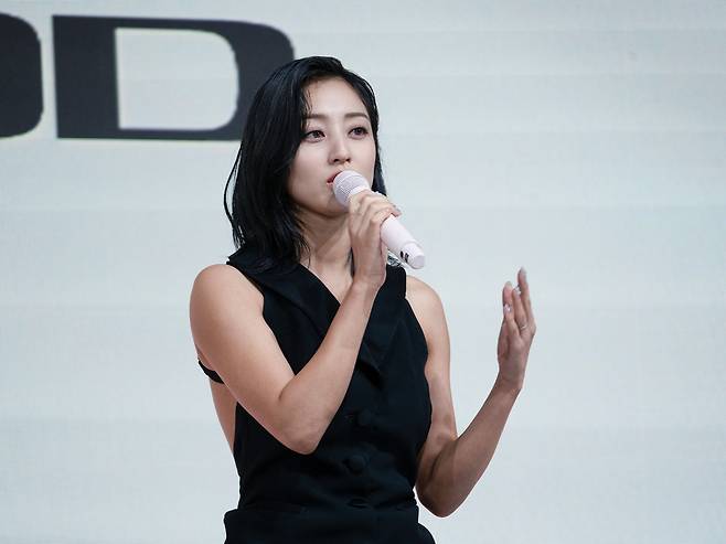 Jihyo of Twice speaks during a press conference for her first solo album "Zone" in Seoul on Friday. (Kim Dong-joo/The Korea Herald)