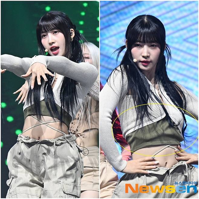 (왼쪽) 정상적인 상의 고정모습, (오른쪽) 옷 고정이 풀리는 바람에 상의가 내려가 있다.
