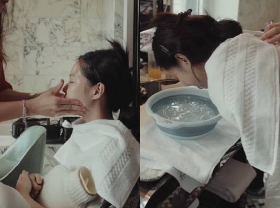 제니가 아침 부기 제거를 위해 '얼음 마사지'를 받는 모습. /사진=유튜브 채널 'Jennierubyjane Official' 캡처