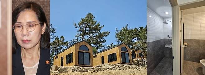 김현숙 장관(왼쪽)이 잼버리 기간 머문 변산반도 생태탐방원 외부와 내부 모습. 사진=연합뉴스/국립공원공단 홈페이지