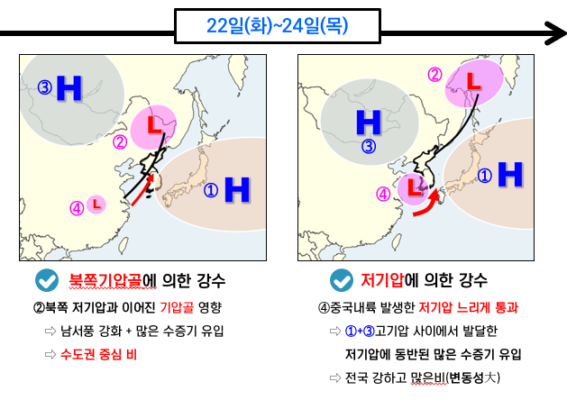 오는 22~24일 대기하층 기압계, 강수 전망. 기상청 제공