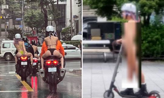 최근 서울 한복판에서 비키니 차림으로 오토바이와 킥보드를 타 논란이 된 여성들. 사진 SNS 갈무리