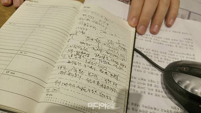 ▲ 소훈영 전 폴리뷰 기자는 2016년 2월 미디어오늘과 인터뷰에서 2013년 당시 YTN 간부가 흘린 사내 정보를 빼곡히 기록한 수첩을 보여줬다. 그는 “사내 성추행 등 외부에서는 알 수 없는 정보들을 제공받았다”고 했다. 그가 지목한 YTN 간부는 류희림 YTN 플러스 대표였다. 사진=김도연 기자.