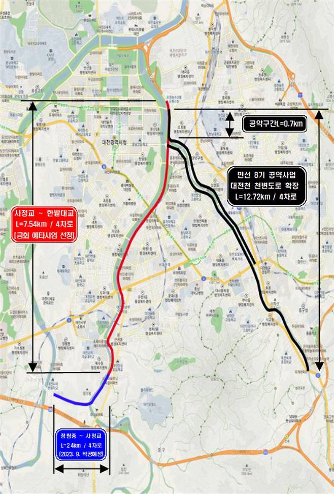 예바타당성 조사 대상에 선정된 사정교-한밭대교 도로개설 사업 구간도(빨간색). 대전시 제공