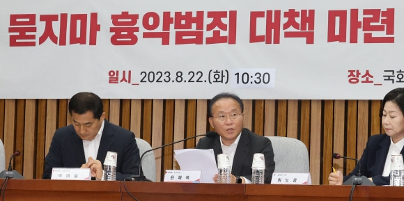 22일 국회에서 열린 ‘묻지마 흉악범죄 대책 당정협의회’에서 국민의힘 윤재옥 원내대표가 발언하고 있다. 2023.8.22 연합뉴스