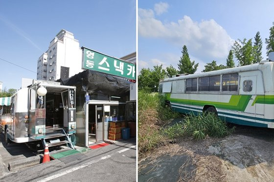 서울 강남구 도곡로에서 영업하던 영동스낵카(왼쪽)가 경기 화성시 공터에 주차돼 있다(오른쪽). 서울미래유산 홈페이지, 김남준 기자