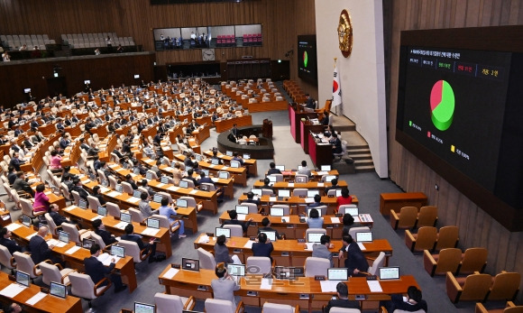 24일 오후 국회에서 열린 본회의에서 제409회국회(임시회) 회기결정의 건에 대한 수정안이 가결되고 있다. 2023.8.24 안주영 전문기자