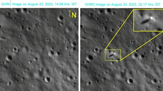 인도의 초기 달 임무인 찬드라얀 2호가 달 궤도에서 발견한 찬드라얀 3호 착륙선 (사진=ISRO)