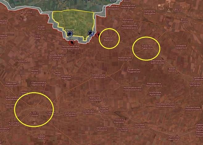 우크라이나군이 확보한 ‘로보티네’지역과 앞으로 진격할 것으로 예상되는 토크막, 베르보베, 타르시브카 지역(노랑색 동그라미). Map Russo-Ukrainian War 캡처