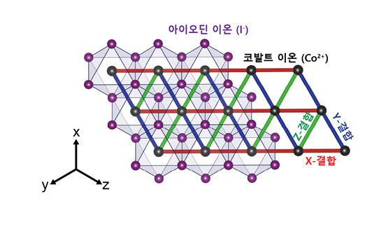 삼각격자에 키타에프 모델을 구현한 물질. 이 물질은 인접한 코발트 이온끼리 인접한 결합을 이루며 각 결합의 종류(빨강·파랑·초록선)에 따라 수직 방향으로 스핀을 서게 한다. 서로 수직한 방향으로 스핀을 서게 하려는 상호작용이 물질에 복잡한 양자 상태를 만들었다. / 사진=과학기술정보통신부