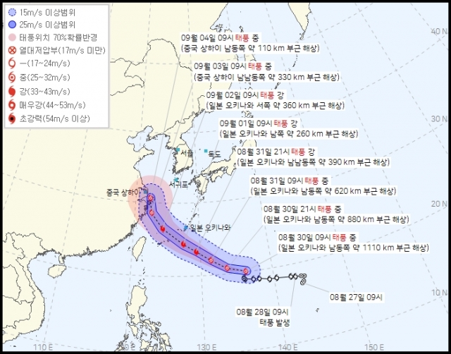 기상청은 30일 오전 10시 태풍 통보문에서 “제11호 ‘하이쿠이’가 오전 9시 현재 일본 오키나와 남동쪽 약 1110㎞ 부근 해상에서 시속 18㎞로 북진하고 있다”고 밝혔다. 기상청 홈페이지