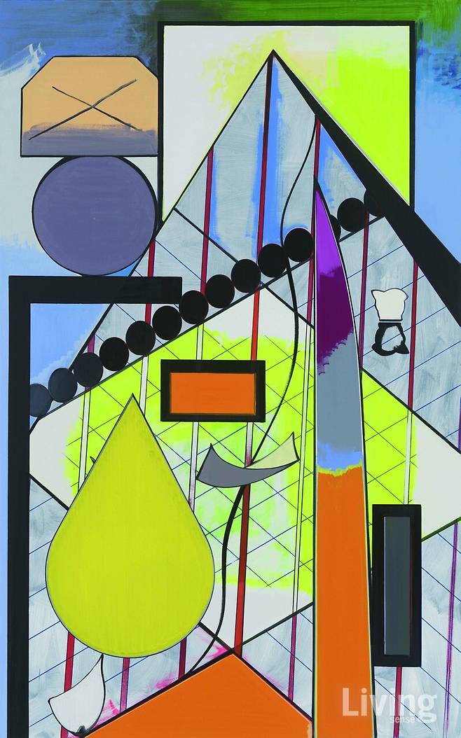 Thomas Scheibitz, Fuge (Fugue), 2023, Oil paint, vinyl paint and pigment marker on canvas, 240×150cm ©Hakgojae Gallery 