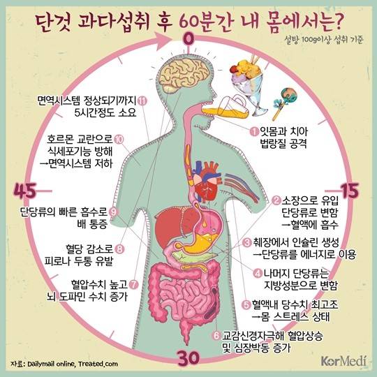 설탕이 장으로 들어가 기관과 호르몬 등을 혹사 시키는데 걸리는 시간은 45분, 그리고 그 기능들이 다시 돌아오기까지 5시간이 걸린다. 설탕 100g 이상 단 것을 과다 섭취했을 때 우리 몸이 어떻게 반응하는지 시간의 흐름을 통해 그 과정을 살펴본다. [이미지=코메디닷컴 DB]