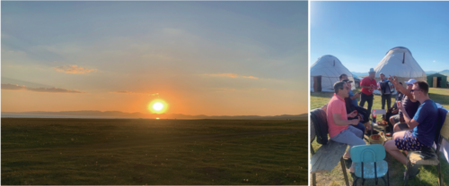송쿨 호수의 일몰 풍경(좌), 전통음악을 노래하고 연주하는 유르트 캠프에서 만난 사람들(우)