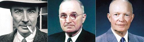 줄리어스 로버트 오펜하이머(왼쪽부터) 박사와 해리 S 트루먼 미국 전 대통령, 드와이트 D 아이젠하워 미국 전 대통령 [아메리칸프로메테우스 표지·백악관 갈무리]