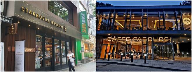 스타벅스와 파스쿠찌, 폴 바셋 등은 이색적인 분위기와 맛 등 차별화를 통해 소비자 마음을 잡았다. 사진은 스타벅스 이대R점(왼쪽)과 파스쿠찌 센트로서울대점. /사진=정원기, SPC