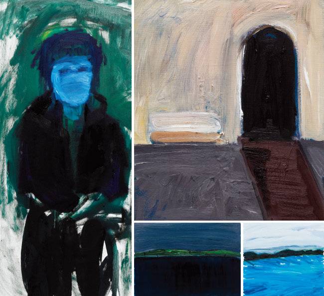 작가의 개성이 드러나는 추상화. 이목구비를 알아볼 수 없는 인물과 작가가 걸은 어느 길의 풍경을 그렸다. [유현경]