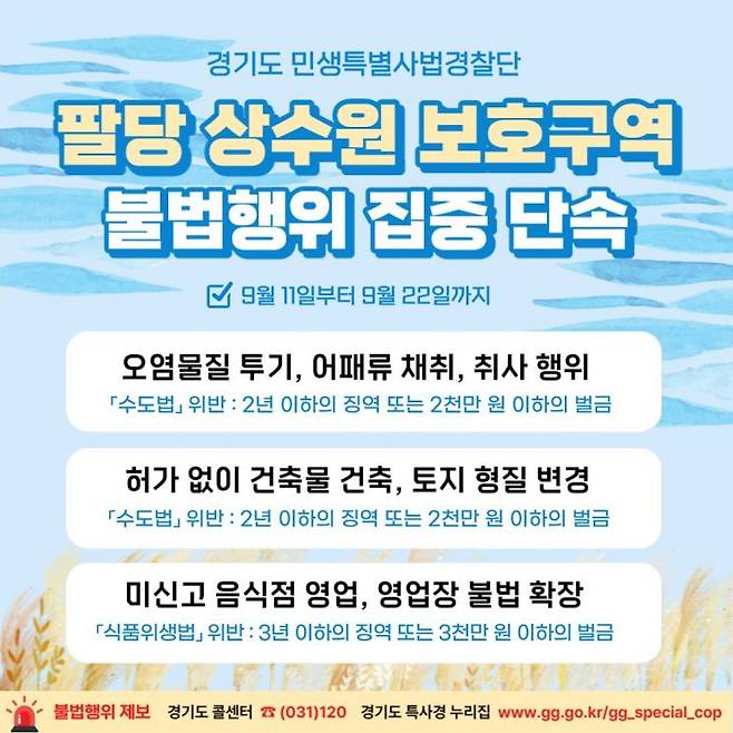 팔당상수원 보호구역 불법행위 집중단속 안내 포스터