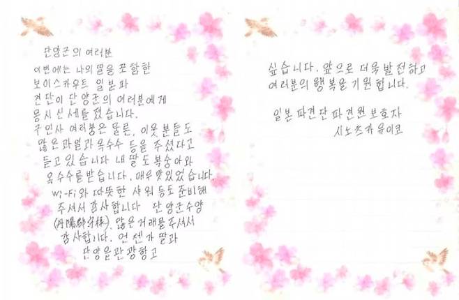 2023 세계스카우트 잼버리에 참여한 일본 대원의 어머니가 단양군에 보낸 편지. /단양군 제공