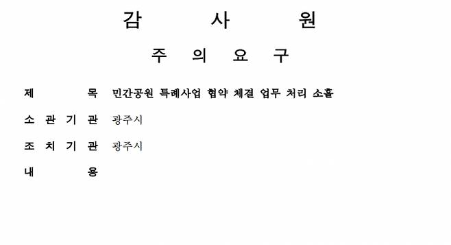 광주시가 지난 2023년 6월경 감사원 감사에서 민간 공원 특례사업 협약 체결 업무 처리 소홀로 총 4건의 문제점이 있는 것으로 확인됐다./사진=감사원 캡처