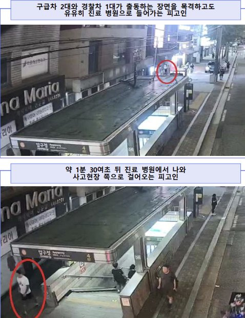 신씨가 사고 직후 피해자를 내버려 둔 채 병원으로 가는 모습. 검찰은 신씨가 병원과 투약 관련 입맞추기를 시도했다고 보고 있다. 사진 서울중앙지검