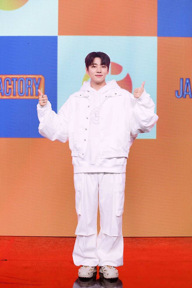DKZ's Jaechan poses for picture at a press conference for his solo debut album, "JCFactory," in Seoul on Wednesday. (Dongyo Entertainment)