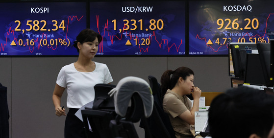 Screens in Hana Bank's trading room in central Seoul show stock and foreign exchange markets open on Wednesday. [NEWS1]