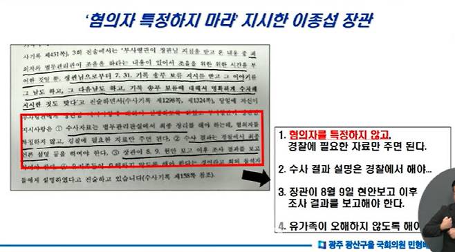 지난 4일 국회 예산결산특별위원회 전체회의에서 민형배 더불어민주당 의원이 이종섭 장관에게 박 대령 구속영장청구서에 장관 지시 사항이 있다고 지적했다.