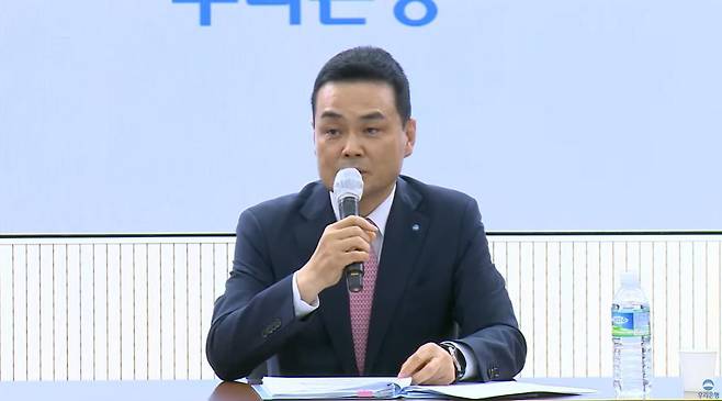 강신국 우리은행 기업투자금융부문장이 7일 서울 중구 우리은행 본점에서 열린 '기업금융 명가 재건을 위한 전략 발표회'에서 발언하고 있다./우리은행 제공