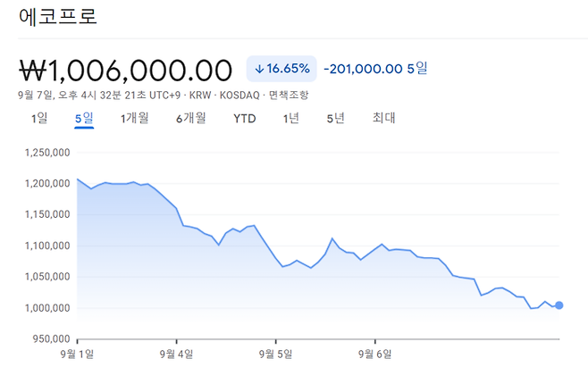 에코프로 주가 추이. [사진 출처 = 구글 파이낸스 갈무리]