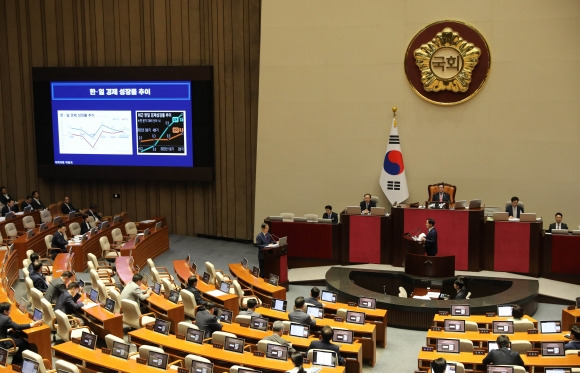 국회 본회의장에서 경제 분야 대정부질문이 열린 7일 박범계 더불어민주당 의원이 한덕수 국무총리에게 질의하고 있다. 야당과 정부는 전·현 정부에 경제 위기 책임론을 서로 떠넘기며 공방을 벌였다. 뉴시스