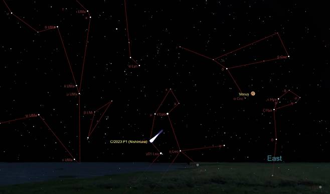 2023년 9월 9일 새벽 사자자리에 나타날 니시무라 혜성.(출처: TheSkyLive.com)