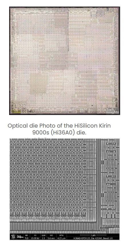 [서울=뉴시스] SMIC 7나노 공정이 적용된 기린9000s(Hi36A0) 칩 광학 사진(왼쪽)과 7나노와 일치하는 비트 셀 크기를 확인하는 웨이퍼 끝단. (사진=테크인사이츠) 2023.09.07. photo@newsis.com  *재판매 및 DB 금지