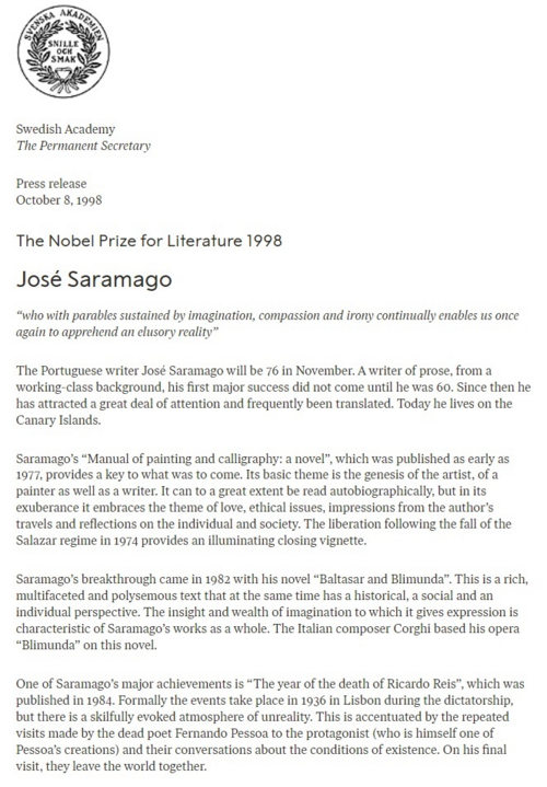 1998년 10월 8일 주제 사라마구의 노벨문학상 발표 보도자료. [스웨덴 노벨문학상 홈페이지 캡처]