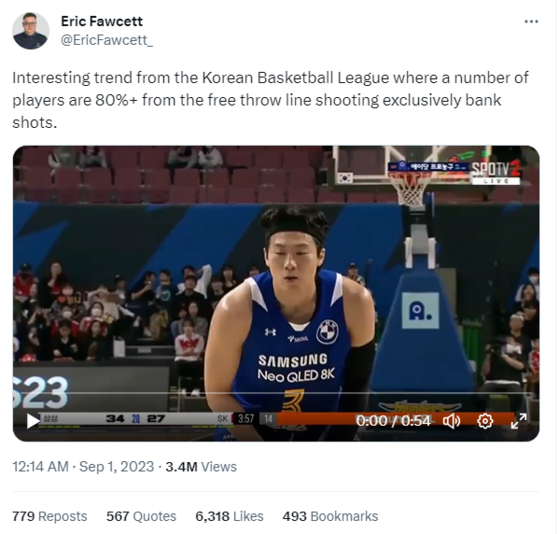 A viral post from basketball coach Eric Fawcett claims that KBL players are scoring more free throws with bank shots. [SCREEN CAPTURE]