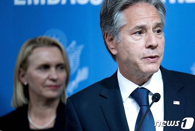 토니 블링컨 미 국무장관이 6일(현지시간) 우크라이나 주재 미국 대사관을 방문해 연설하고 있다. 2023.9.6 ⓒ 로이터=뉴스1 ⓒ News1 강민경 기자