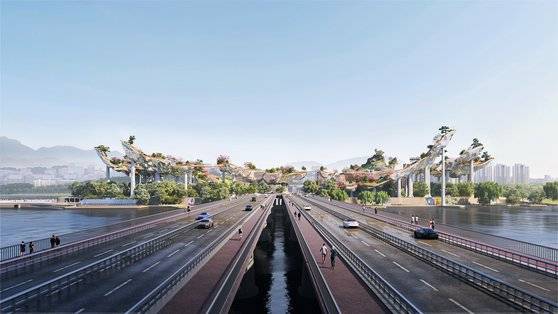 '우리시대 다빈치'로 불리는 영국 토마스 헤더윅의 '사운드스케이프'. 노들섬에 서울 산(山)의 이미지를 형상화한 공중 보행로 등을 디자인한게 특징이다. [사진 서울시]