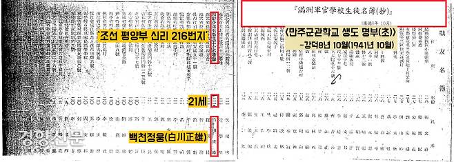 1941년 10월 만주군관학교 생도 명부에는  ‘조선 평양부 신리 216번지, 21세, 백천정웅(白川正雄)’이라 했다. ‘백천정웅(시라카와 마사오)=백선엽’이다.백선엽은 평남 강서군 강서면 덕흥리에서 태어났고, 6∼7세에 평남 평양부 신리 216번지로 이사했다.|이용창 민족문제연구소 연구위원 제공
