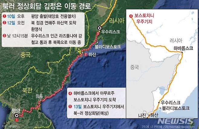 [서울=뉴시스] 러시아 언론과 외신들에 따르면 지난 10일 오후 평양을 출발한 김정은 북한 국무위원장의 전용 열차 '태양호'는 12일 오전 러시아 연해주 하산역에 도착했다. 전용 열차가 북쪽으로 이동하면서 북러 정상회담 장소가 블라디보스토크가 아닌 하바롭스크 또는 아무르주 보스토치니 우주기지가 될 수 있다는 전망이 힘이 실리고 있다. (그래픽=안지혜 기자)  hokma@newsis.com