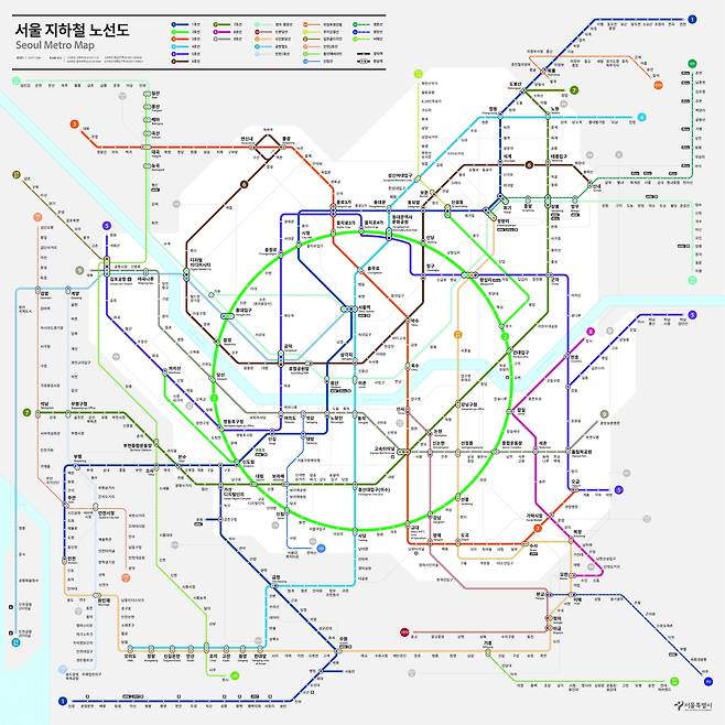 13일 서울시가 발표한 새로운 지하철 노선도 디자인. 순환선인 2호선을 동그라미로 표시했다. /서울시