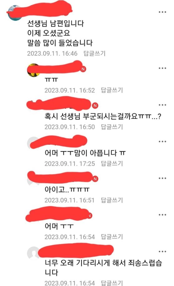 숨진 대전 초등학교 교사의 남편이 지난 11일 온라인에 남긴 댓글. 사진 온라인 커뮤니티