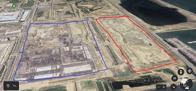 삼성바이오로직스 제2캠퍼스 부지(파란색 부분)와 롯데바이오로직스 공장 부지(빨간색 부분)[구글 지도]