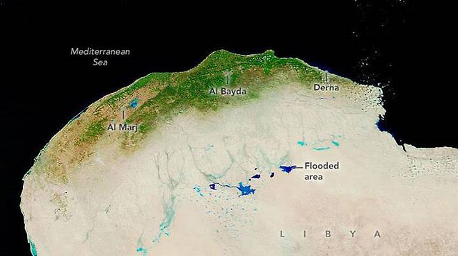 9월 13일의 리비아 홍수 피해지역 위성사진